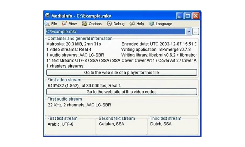 Capture d'écran du logiciel MediaInfo affichant des informations techniques détaillées sur un fichier vidéo.