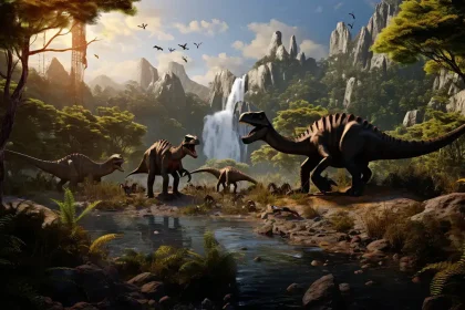 Scène reconstituée de dinosaures évoluant dans un paysage luxuriant avec une cascade et des montagnes en arrière-plan