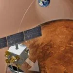 Vue d'artiste de la sonde MOM (Mangalyaan) autour de la planète Mars (ISRO).