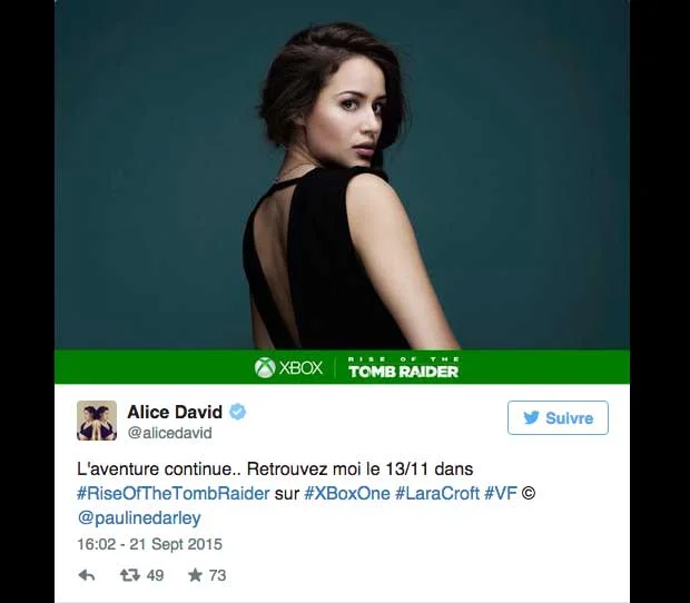 L'actrice Alice David rempile pour la version française de « Rise of the Tomb Raider »