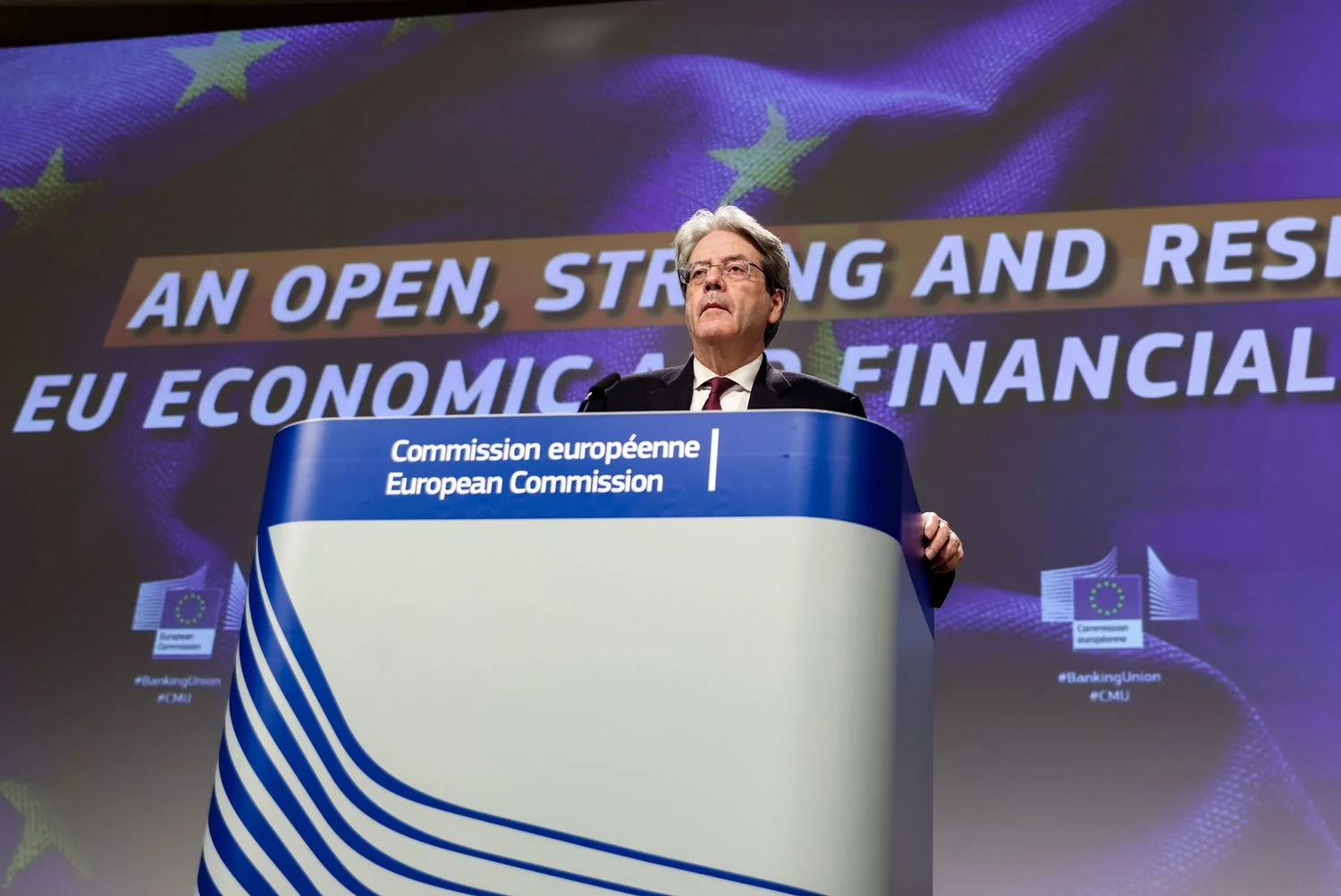 Le commissaire européen à l'économie, Paolo Gentiloni, lors d'une conférence de presse à Bruxelles en janvier.