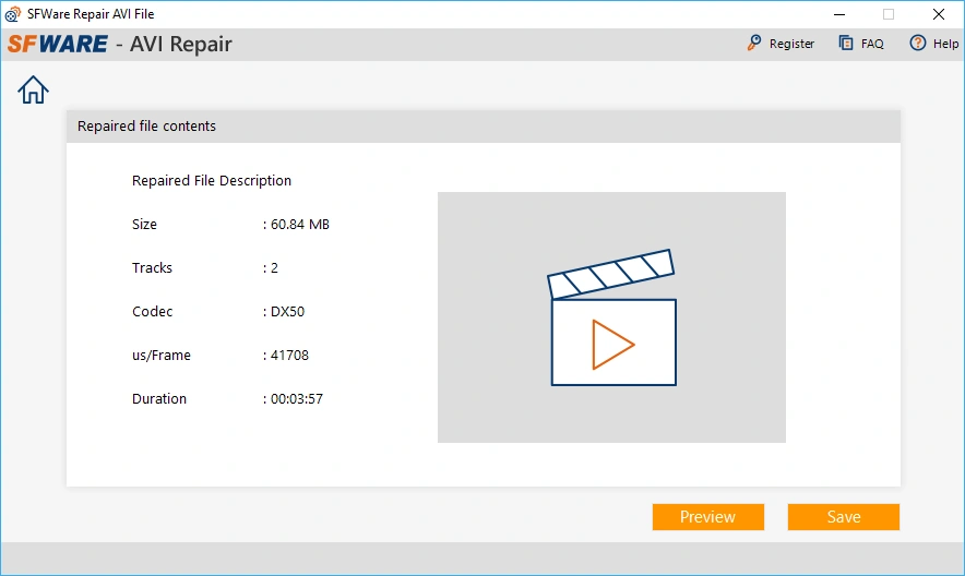 Interface de SFWare AVI Repair affichant les détails d’un fichier vidéo réparé, notamment la taille, le codec et la durée.