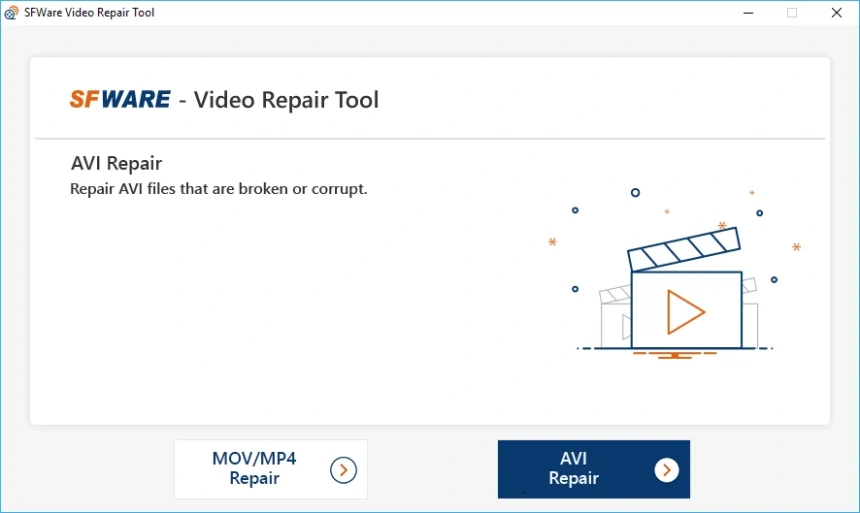 Page d'accueil de l'outil SFWare Video Repair, avec des options pour réparer des fichiers AVI et MOV/MP4 endommagés.