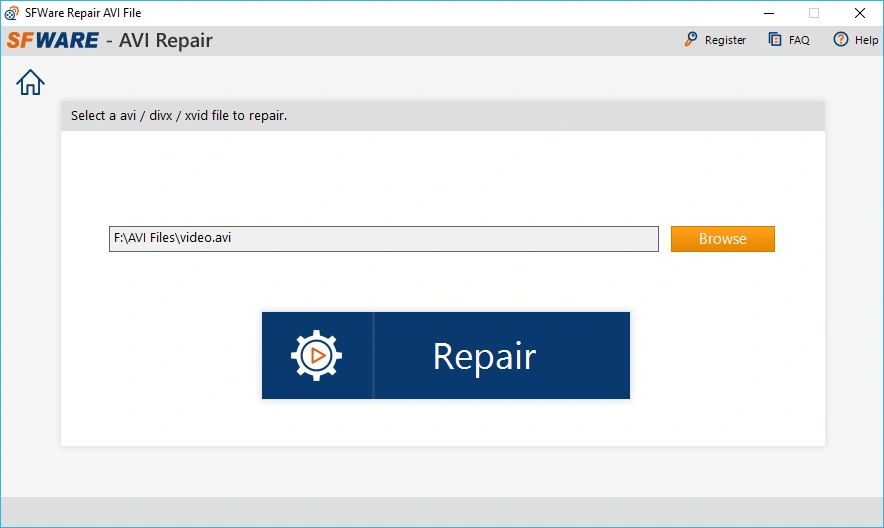 Interface de l'outil SFWare AVI Repair affichant une option pour sélectionner et réparer un fichier vidéo endommagé.