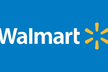 Logo de Walmart avec le mot "Walmart" en blanc sur fond bleu, accompagné de l'icône en forme d'étincelle jaune.