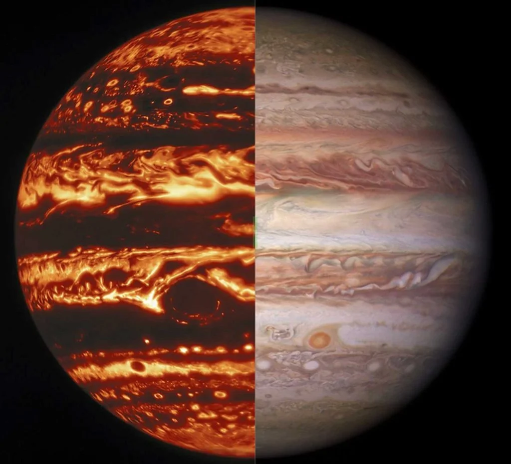 Jupiter tel que vu par Juno en 3D et tel que vu par le télescope spatial Hubble en mode standard.