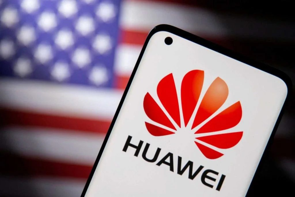 Le logo de Huawei avec le drapeau américain sur une illustration