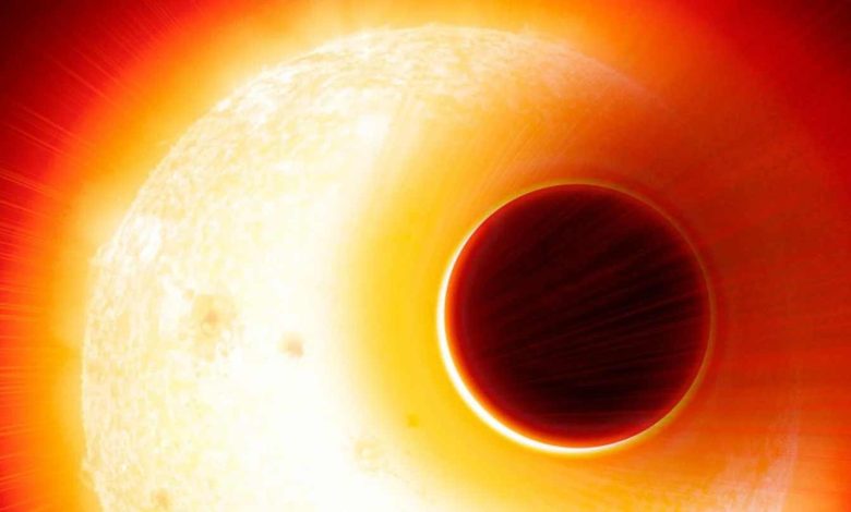 Impression d'artiste de HAT-P-11b, une exoplanète en orbite autour de son étoile hôte à seulement un vingtième de la distance Terre-Soleil.