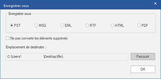 Enregistrer au format PST, MSG, EML, RTF, HTML et PDF