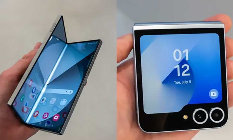 Deux smartphones pliables Samsung Galaxy : le Galaxy Z Fold6 à gauche et le Galaxy Z Flip6 à droite, chacun affichant son écran.