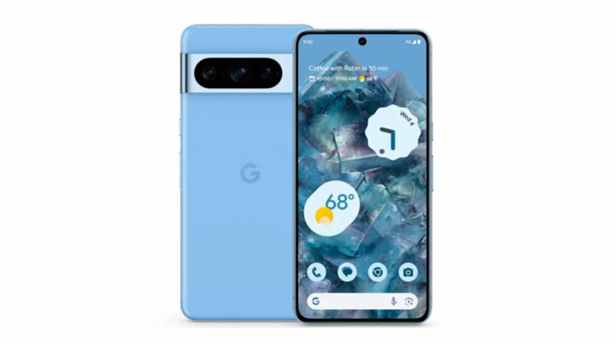 Un smartphone Google Pixel 8 Pro bleu, affiché de face et de dos, montrant son écran d'accueil et son design élégant.