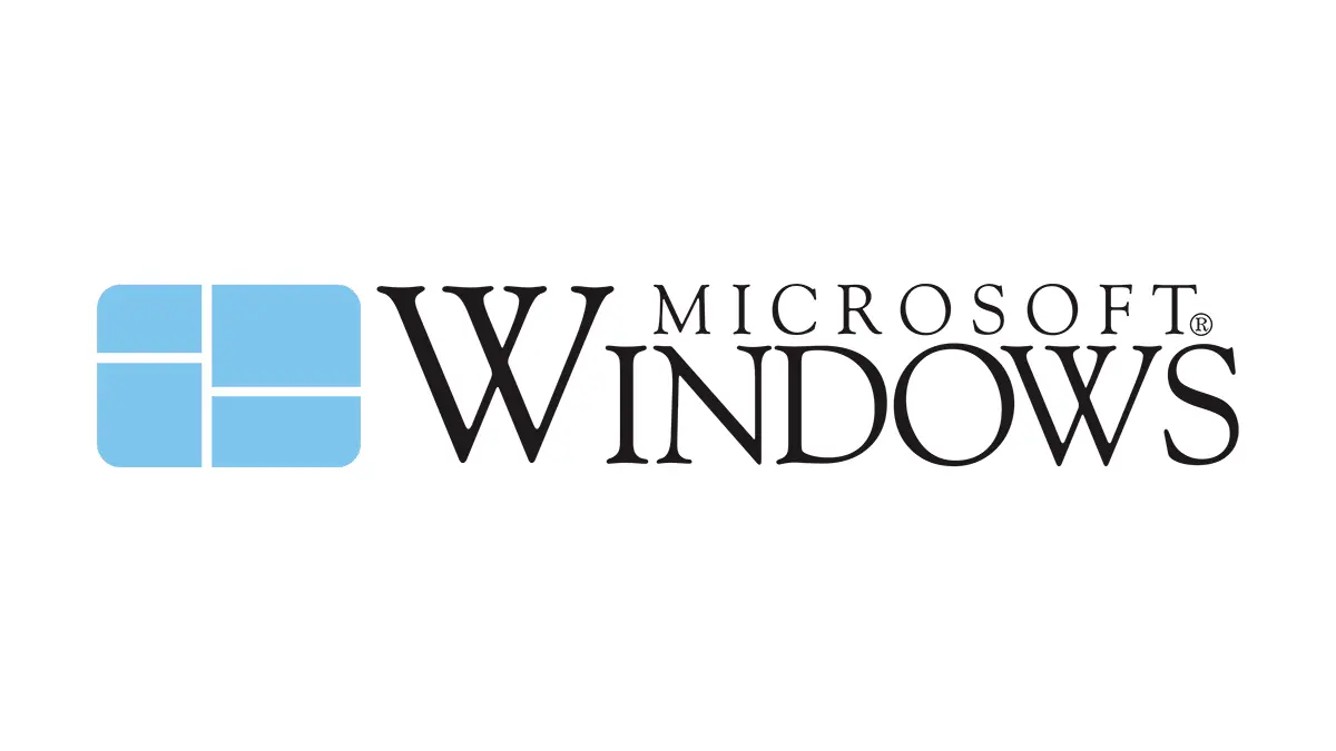 Logo historique de Microsoft Windows utilisé de 1985 à 2001, avec une typographie classique et un symbole bleu.