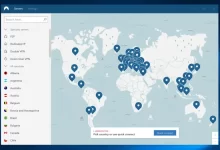 Carte des serveurs NordVPN dans le monde, montrant les options de connexion VPN sécurisée pour différents pays.