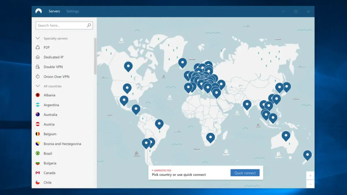 Carte des serveurs NordVPN dans le monde, montrant les options de connexion VPN sécurisée pour différents pays.