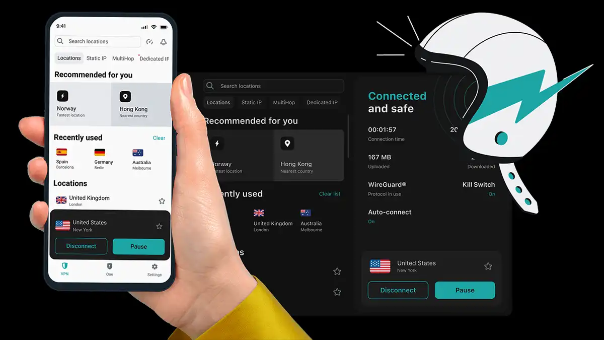 Main tenant un smartphone avec l'application Surfshark VPN affichée, montrant des options de connexion rapide et sécurisée.