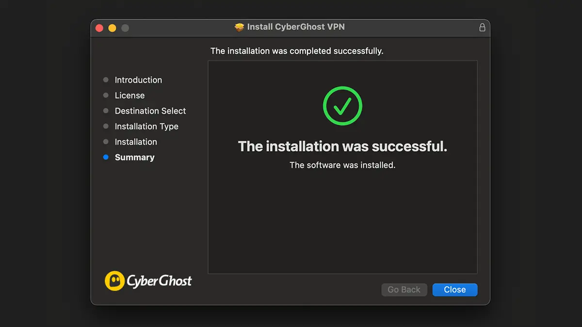 Confirmation de l'installation réussie de CyberGhost VPN sur macOS, avec un message indiquant que le processus est terminé.