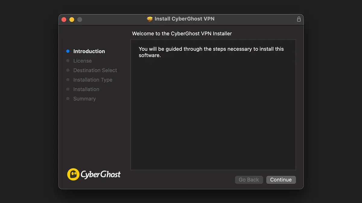 Capture d'écran du processus d'installation de CyberGhost VPN sur macOS, montrant l'étape d'introduction avec les options de licence, sélection de destination et résumé.