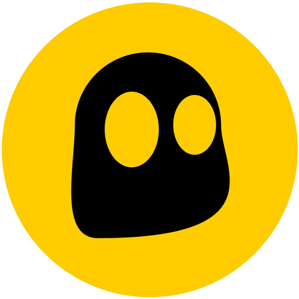 Logo de CyberGhost VPN avec un fantôme noir sur fond jaune.