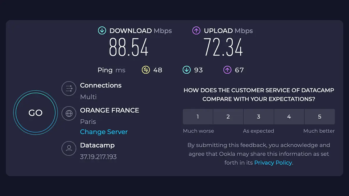 Capture d'écran du test de vitesse via un serveur CyberGhost en France avec un débit descendant de 88,54 Mbps et un débit ascendant de 72,34 Mbps.