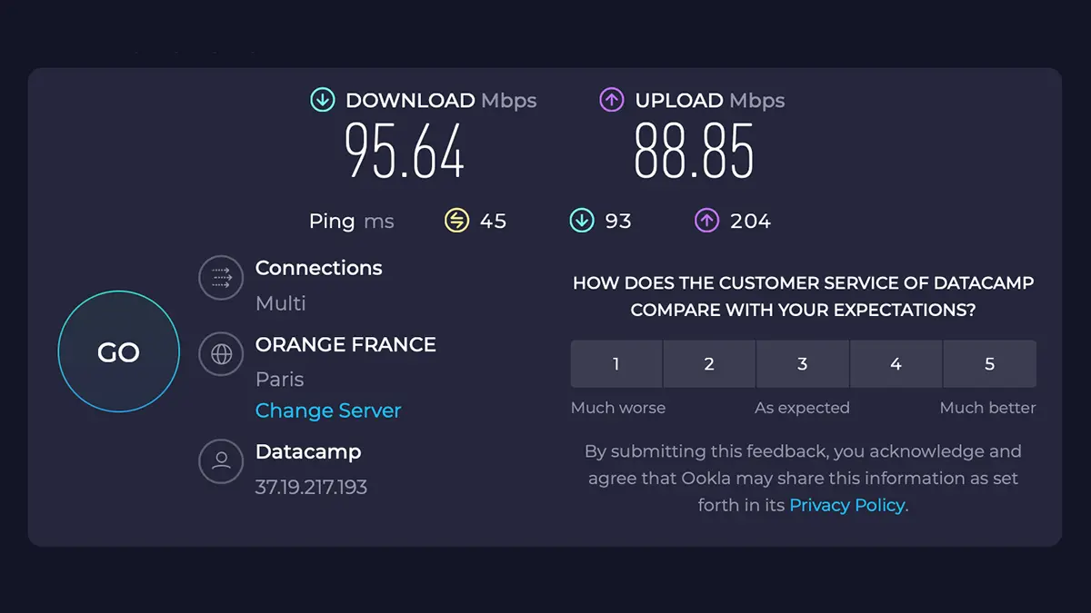 Capture d'écran des résultats d'un test de vitesse sans VPN montrant un débit descendant de 95,64 Mbps et un débit ascendant de 88,85 Mbps avec un ping de 45 ms.