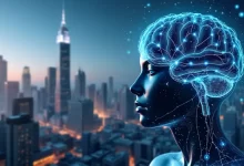 Illustration d'une intelligence artificielle futuriste représentée par un cerveau numérique avec des réseaux neuronaux lumineux, sur fond de paysage urbain moderne.