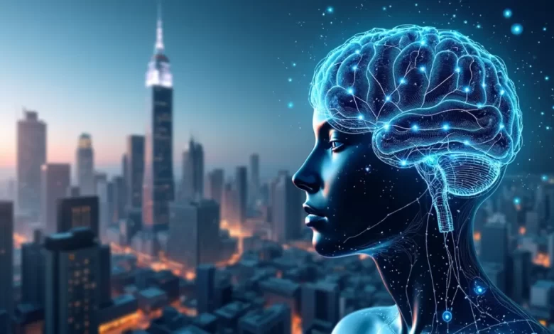 Illustration d'une intelligence artificielle futuriste représentée par un cerveau numérique avec des réseaux neuronaux lumineux, sur fond de paysage urbain moderne.