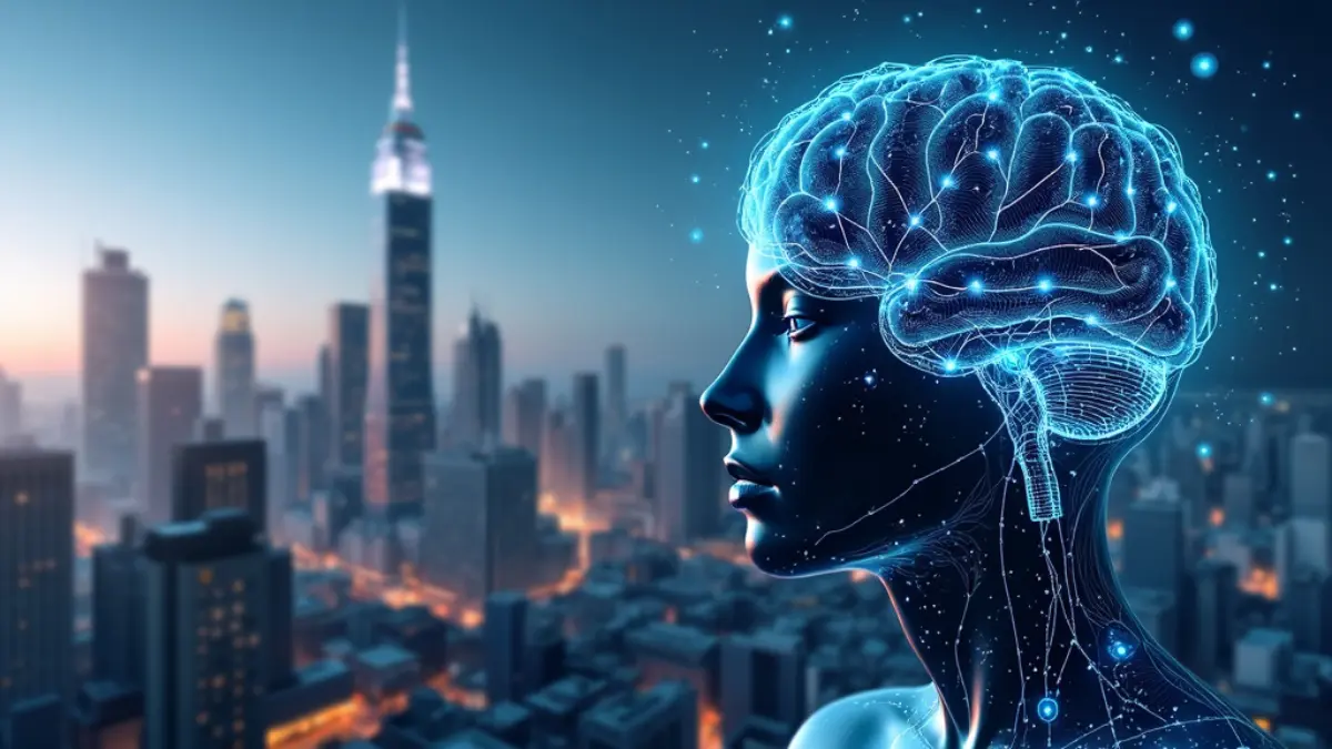 Illustration d'une intelligence artificielle futuriste représentée par un cerveau numérique avec des réseaux neuronaux lumineux, sur fond de paysage urbain moderne.