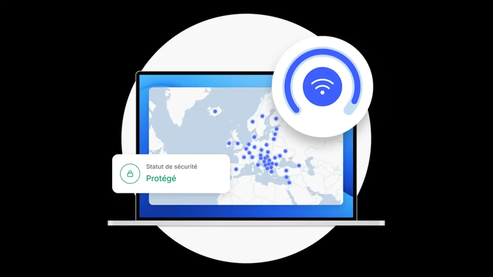 Image illustrant une connexion VPN sécurisée avec NordVPN, protégeant les données sur une carte d'Europe.