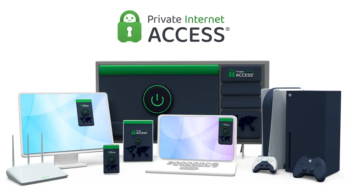 Dispositifs avec l'application Private Internet Access VPN, incluant un ordinateur, une tablette, une console de jeu et un routeur.