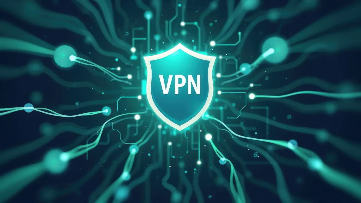 Un bouclier marqué 'VPN' avec des connexions numériques illustrant la protection des données et la sécurité en ligne.