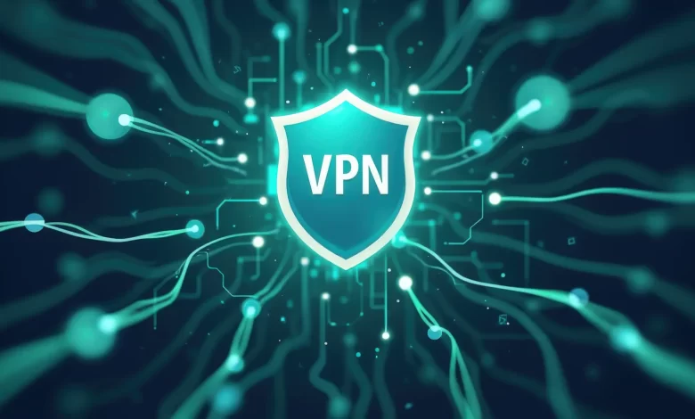 Un bouclier marqué 'VPN' avec des connexions numériques illustrant la protection des données et la sécurité en ligne.