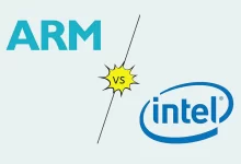 Comparaison entre ARM et Intel, avec logos des deux entreprises illustrant la compétition dans le secteur des processeurs.