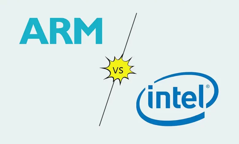 Comparaison entre ARM et Intel, avec logos des deux entreprises illustrant la compétition dans le secteur des processeurs.