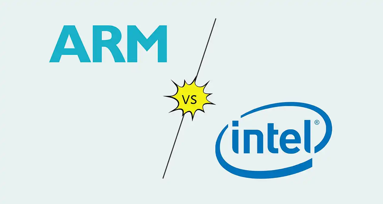 Comparaison entre ARM et Intel, avec logos des deux entreprises illustrant la compétition dans le secteur des processeurs.