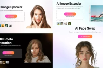 Capture d'écran montrant les outils IA de FlexClip pour améliorer la résolution, restaurer des photos anciennes et utiliser des fonctions avancées comme Face Swap.