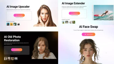 Capture d'écran montrant les outils IA de FlexClip pour améliorer la résolution, restaurer des photos anciennes et utiliser des fonctions avancées comme Face Swap.