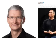 Tim Cook, PDG d'Apple, se souvient de Steve Jobs avec un hommage sur les réseaux sociaux, illustré par une photo de Jobs sur scène.