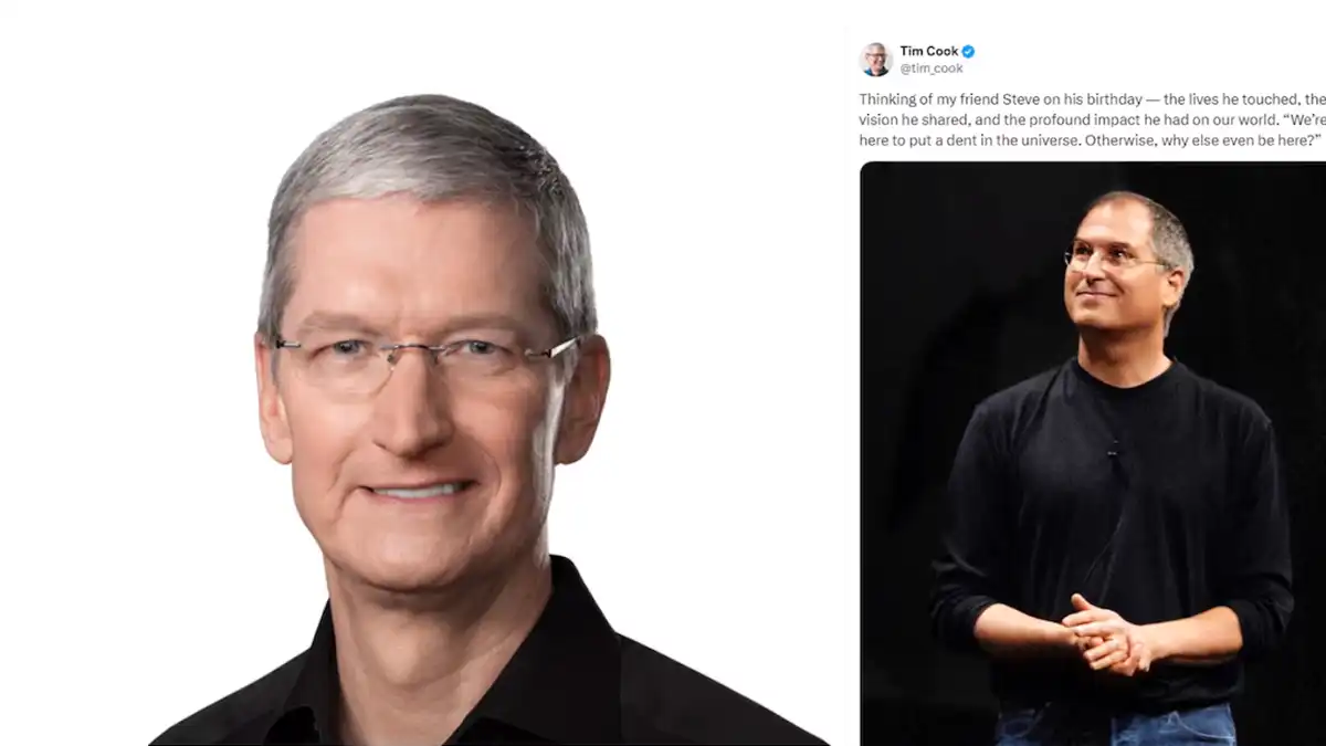 Tim Cook, PDG d'Apple, se souvient de Steve Jobs avec un hommage sur les réseaux sociaux, illustré par une photo de Jobs sur scène.