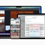 iPhone, iPad et Mac affichant des outils Apple Intelligence pour recherche, rédaction et gestion de contenu