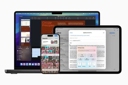 iPhone, iPad et Mac affichant des outils Apple Intelligence pour recherche, rédaction et gestion de contenu