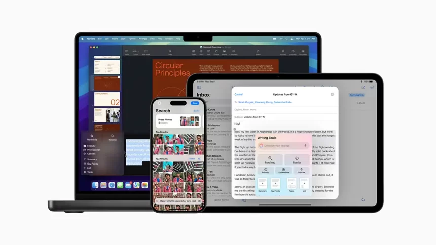 iPhone, iPad et Mac affichant des outils Apple Intelligence pour recherche, rédaction et gestion de contenu