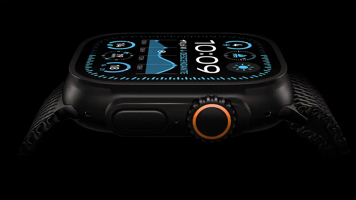 Gros plan de l'Apple Watch Ultra 2 avec écran et bouton Digital Crown