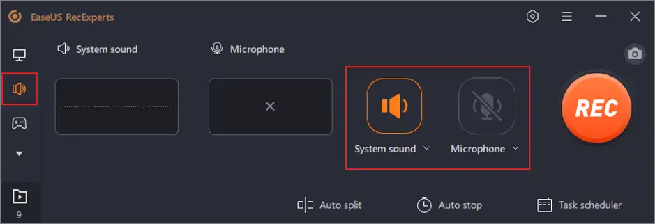 Interface du logiciel EaseUS RecExperts montrant les options d'enregistrement audio, incluant le son système et le microphone.