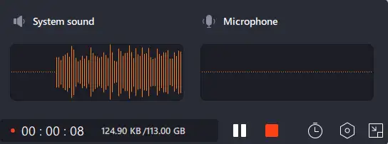 Enregistrement en cours dans EaseUS RecExperts, affichant les niveaux audio du son système et une piste silencieuse pour le microphone.