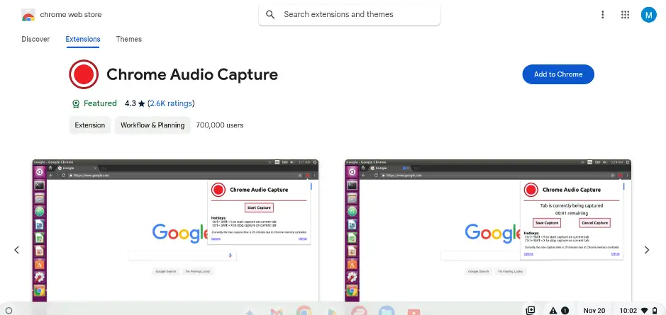 Page d'installation de l'extension Chrome Audio Capture sur le Chrome Web Store, avec des captures d'écran montrant son interface.