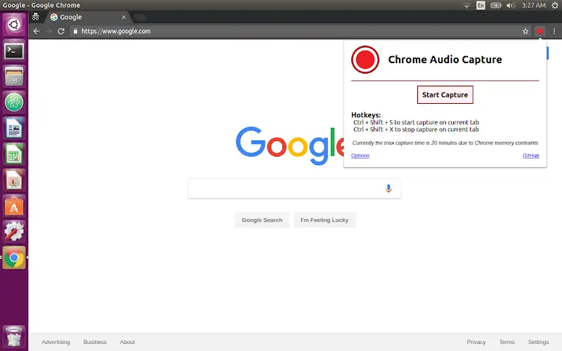 Interface de Chrome Audio Capture montrant l’option « Start Capture » pour démarrer l’enregistrement d’un onglet dans le navigateur.