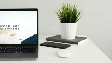 Bureau minimaliste avec un ordinateur portable affichant le message "Work Hard Anywhere", accompagné d'un smartphone, d'une souris et d'une plante verte en pot sur un fond blanc.