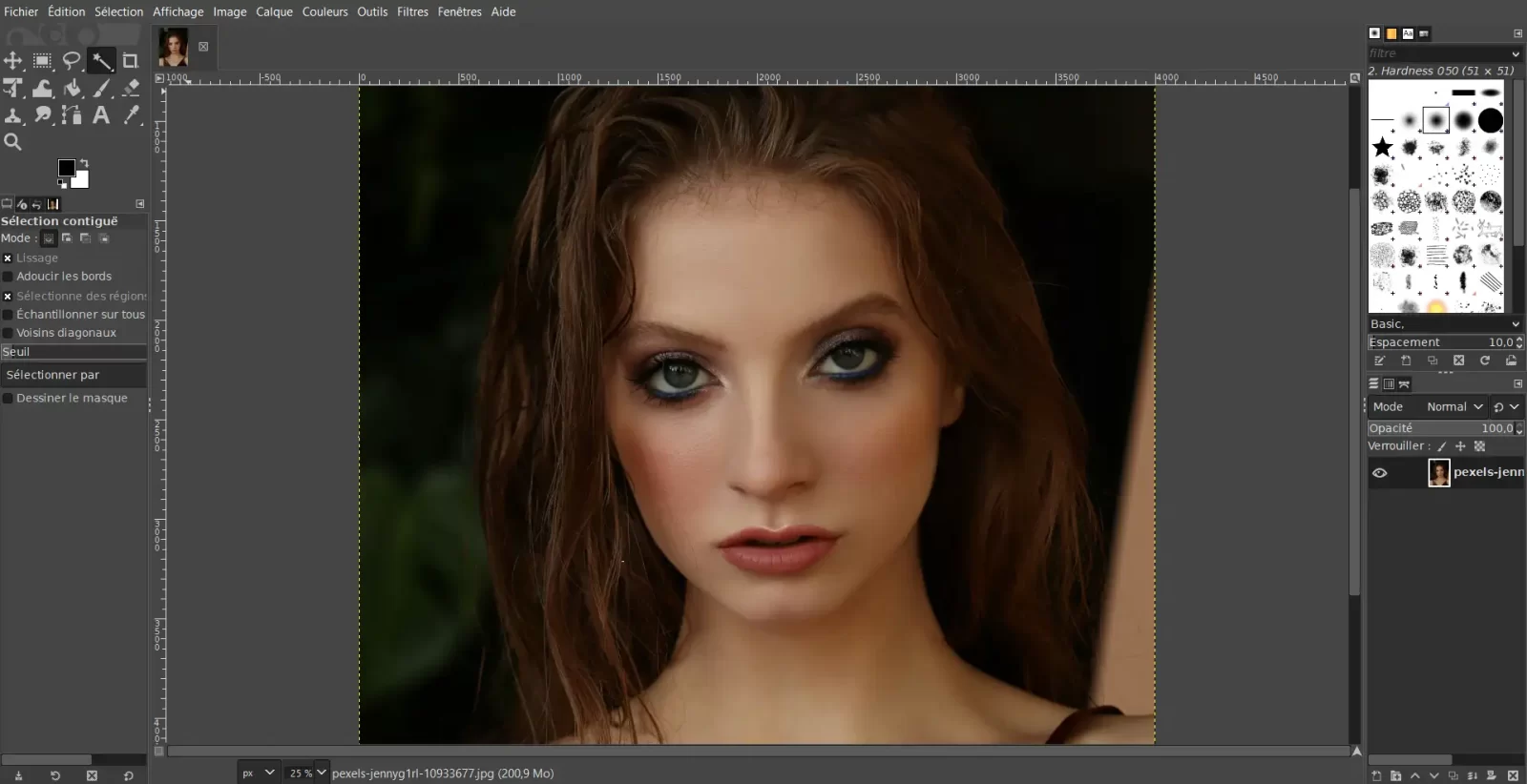 Interface de GIMP affichant un portrait féminin en cours de retouche avec des outils avancés comme les calques et les pinceaux.