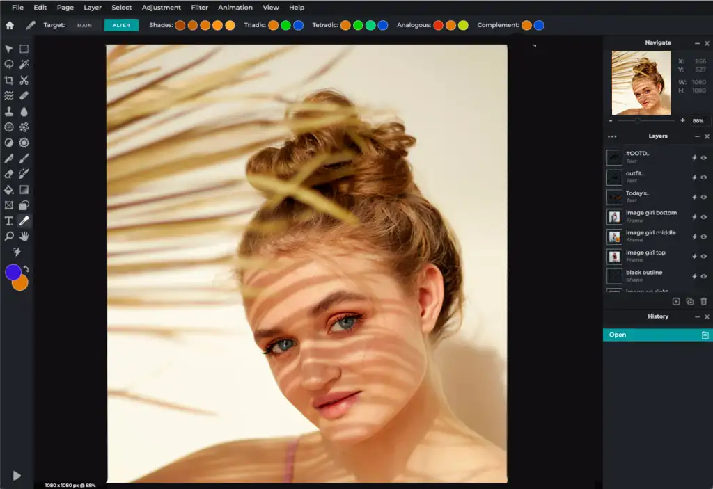 Interface d’un logiciel de retouche photo affichant un portrait féminin en lumière naturelle, avec des ombres de feuilles sur le visage et des outils de calque visibles.