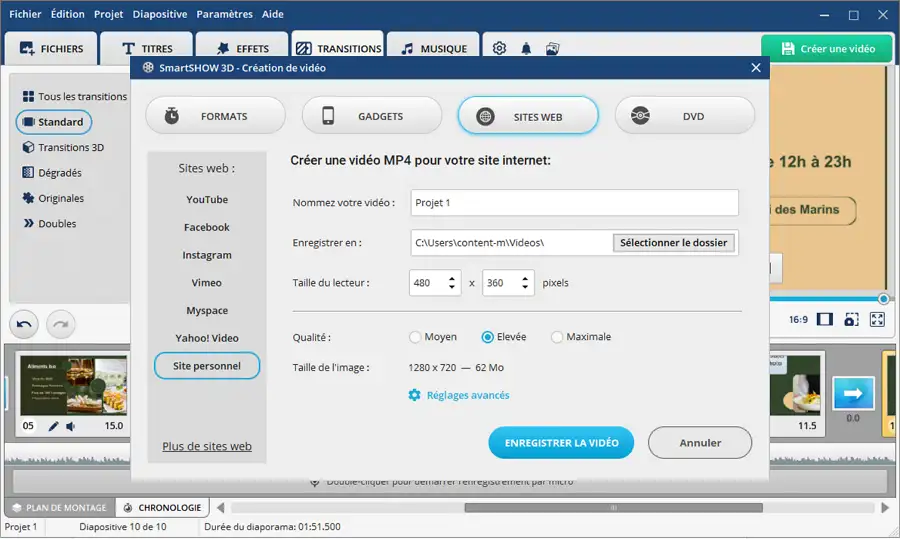 Interface de création de vidéo dans SmartSHOW 3D, permettant d'exporter un diaporama en format MP4 pour un site internet avec des réglages de qualité et de taille.